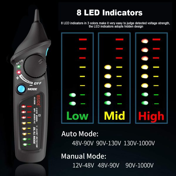 BSIDE Non-Contact Voltage Tester – 12-1000V AC Detector Pen with Adjustable Sensitivity, LED Indicator & Flashlight (AVD06) - Image 7
